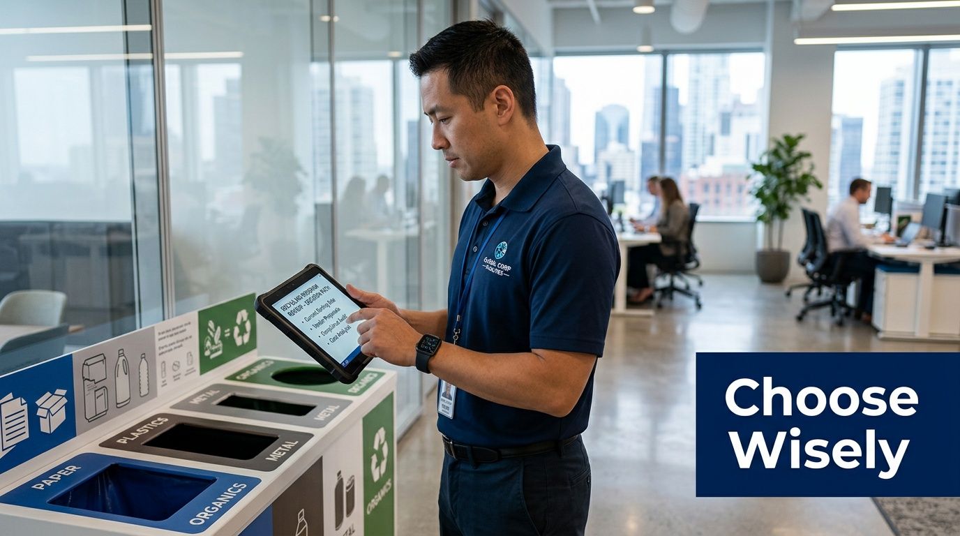A professional checking a digital tablet next to organized office recycling bins in a modern workspace.