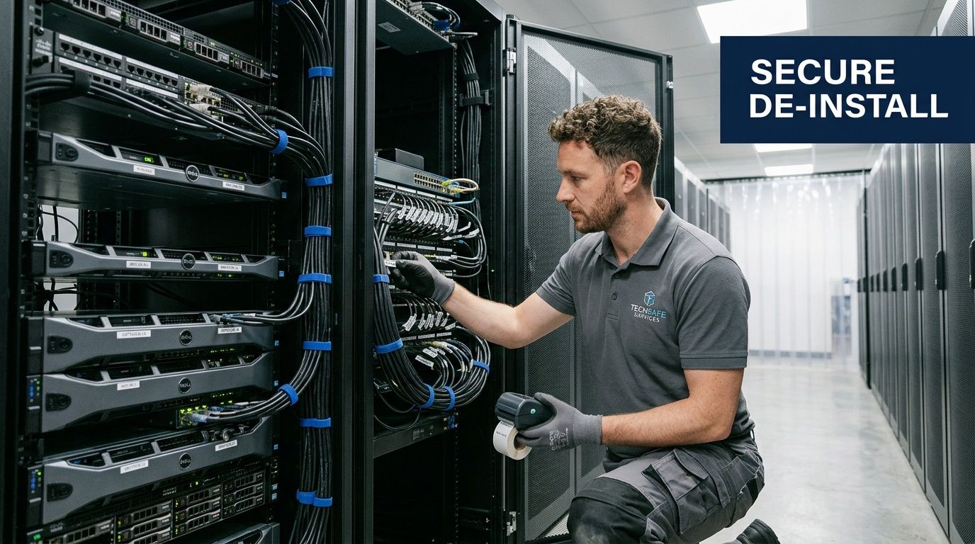 A professional technician wearing protective gloves labels network server cables during a secure data center de-installation.
