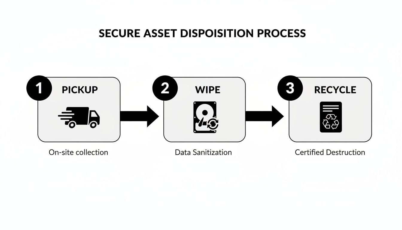 Diagram showing the secure asset disposition process: pickup, data wipe (sanitization), and certified recycling.