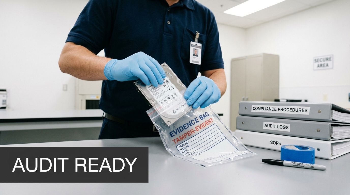 A person in blue gloves places a hard drive into an evidence bag, with audit documents and supplies on a table.