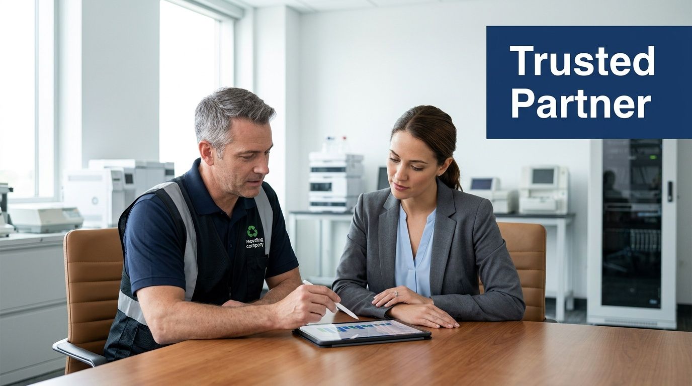 Two business professionals, a man from a recycling company and a woman, discuss data on a tablet, symbolizing a trusted partnership.