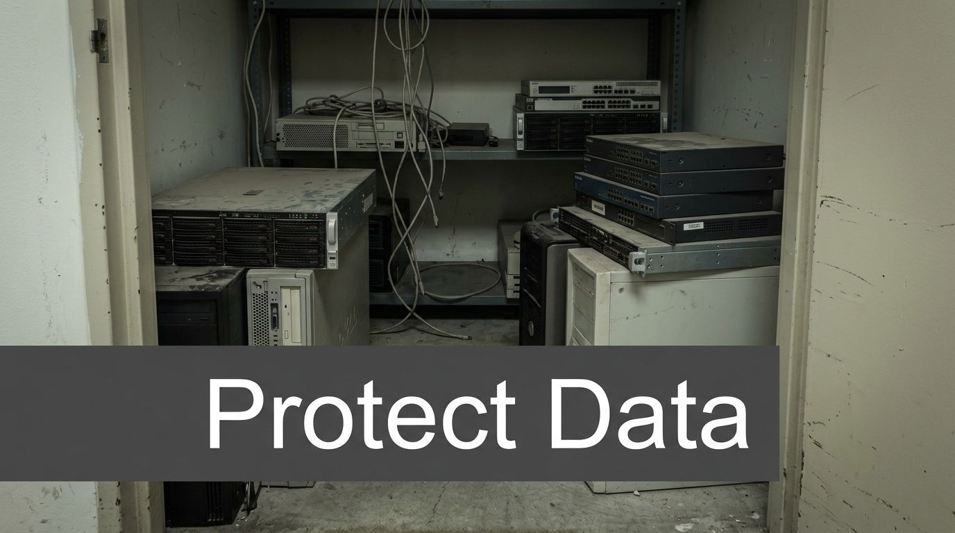 A dusty storage room filled with stacks of old computer servers, network switches, and tangled cables.