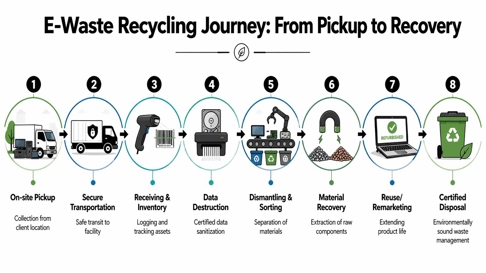 An infographic showing the eight steps of an e-waste recycling journey from pickup to certified disposal.