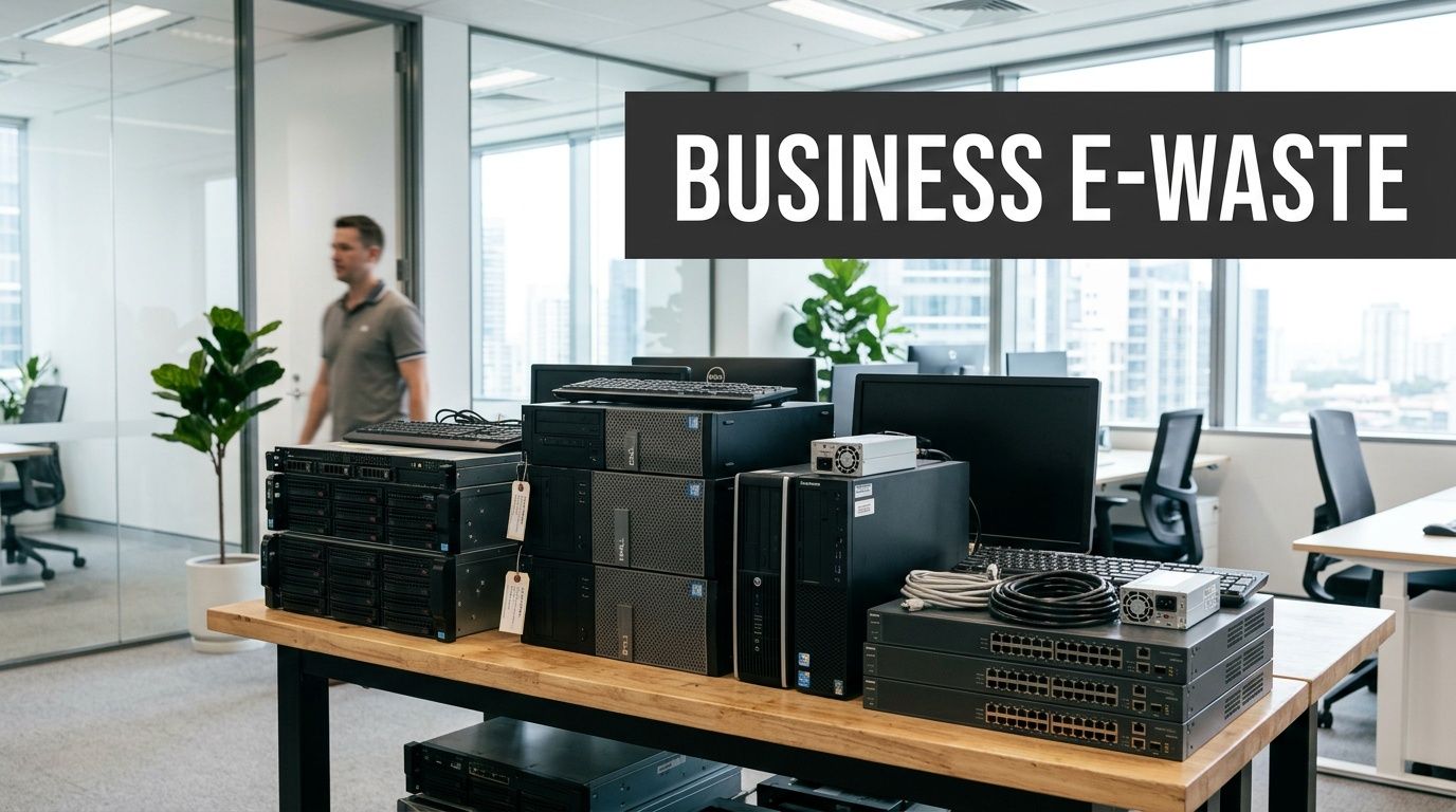A stack of old office computers, servers, and networking equipment on a wooden desk in an office.
