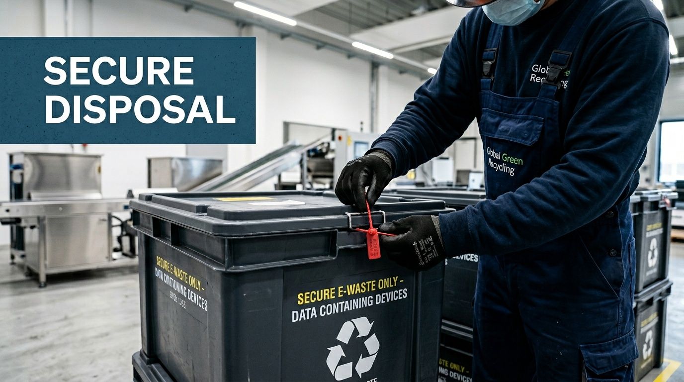 A worker in a Global Green Recycling uniform seals a secure bin for e-waste disposal in a facility.
