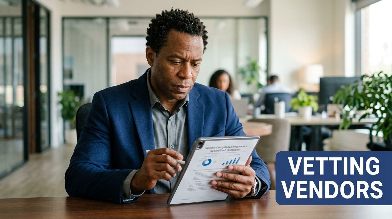 A professional man in a business suit reviewing a vendor compliance proposal on a digital tablet device.