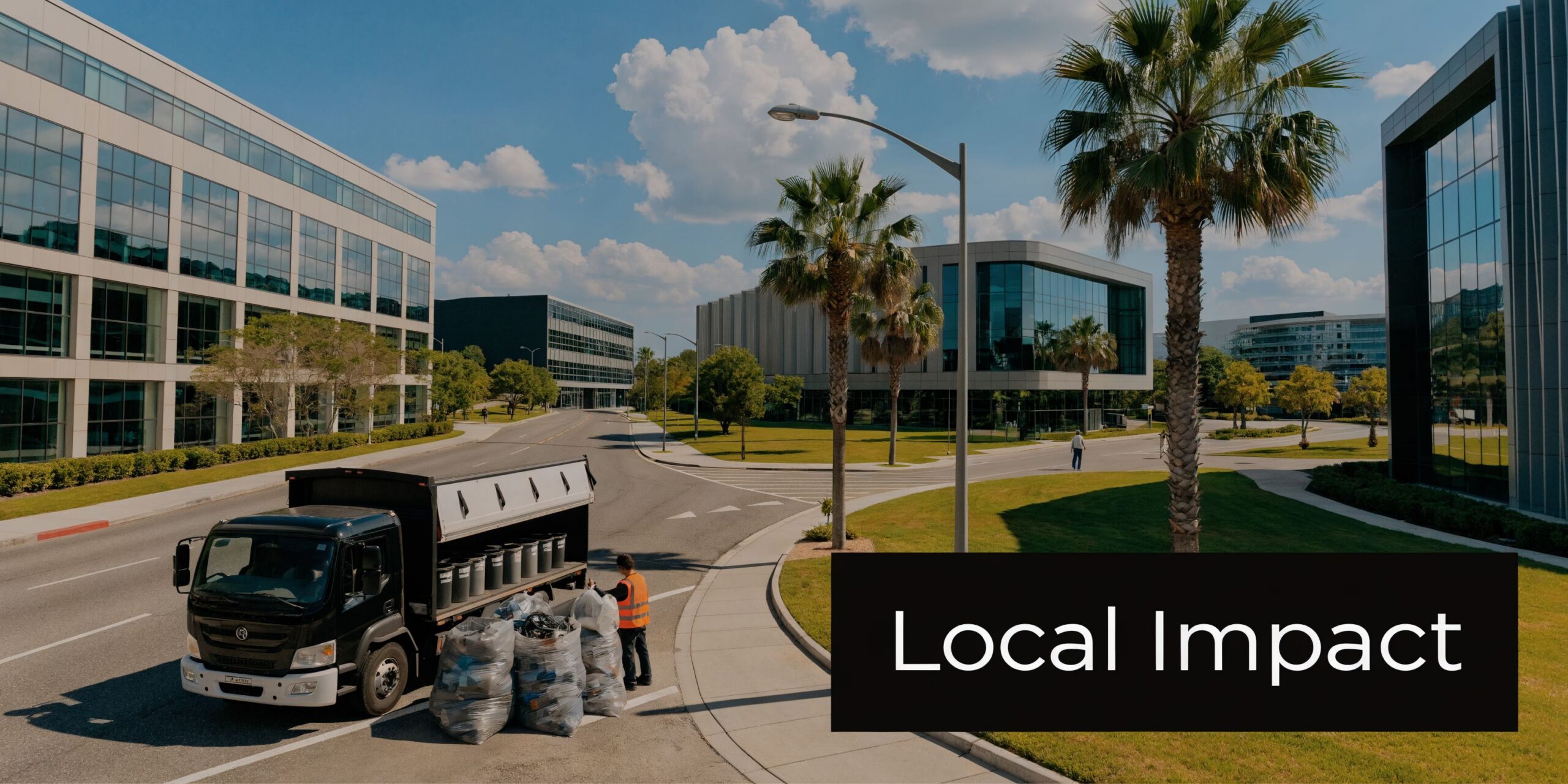 A sanitation worker loads plastic recycling bags onto a collection truck in front of modern corporate buildings.