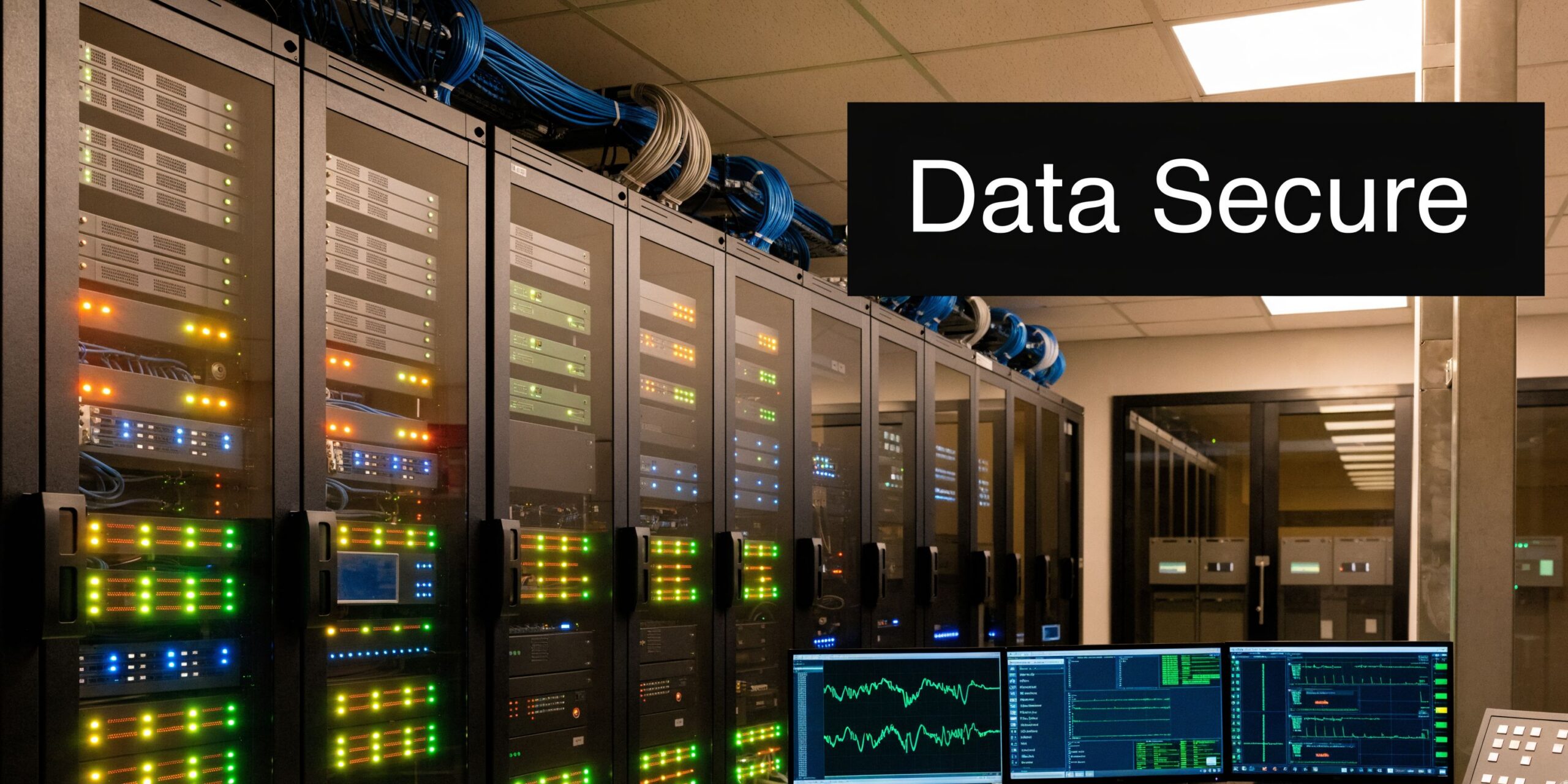 A secure, modern data center server room with rows of blinking servers and computer monitoring workstations.