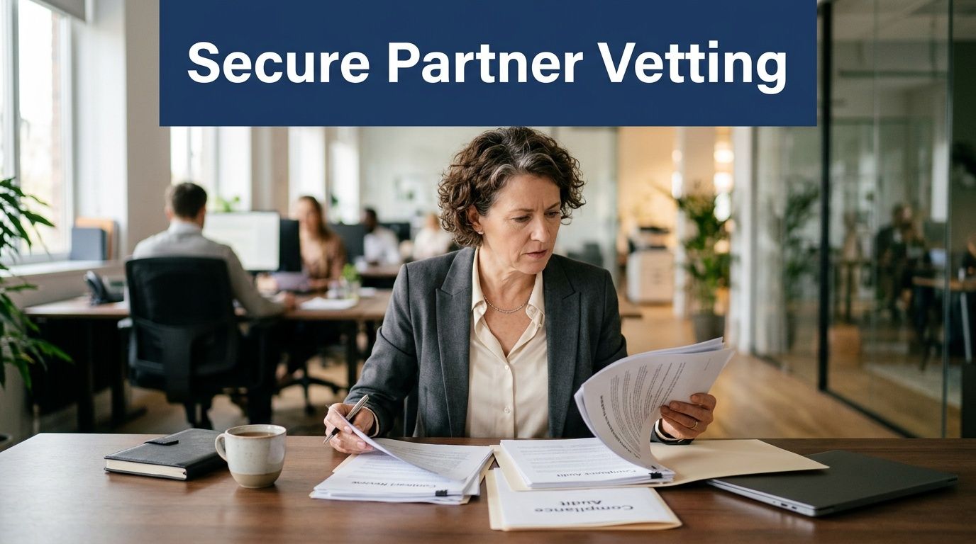 A professional woman in a business suit reviewing important corporate compliance documents at an office desk.