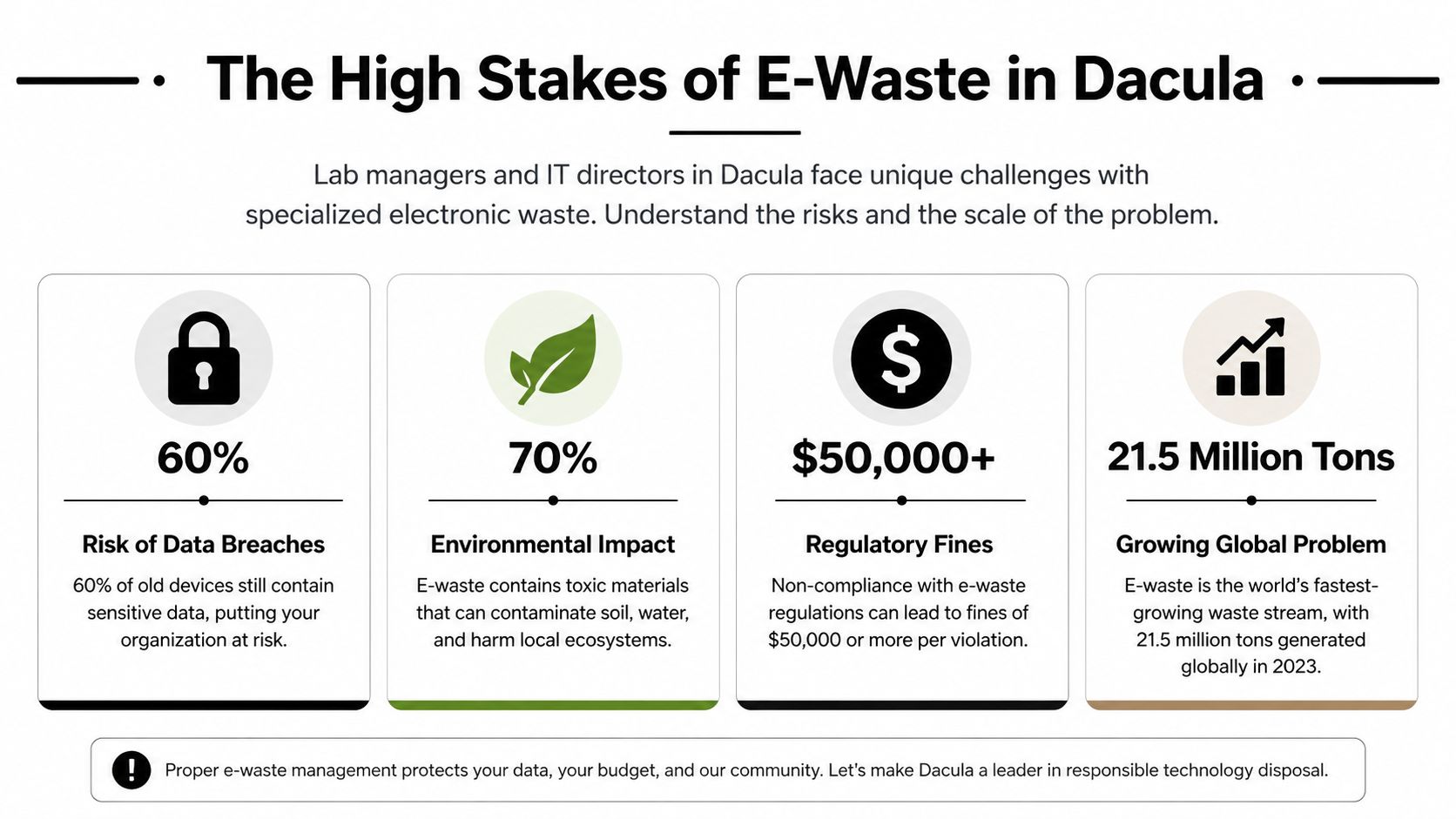 An infographic highlighting the high stakes and risks of e-waste management in Dacula, Georgia.