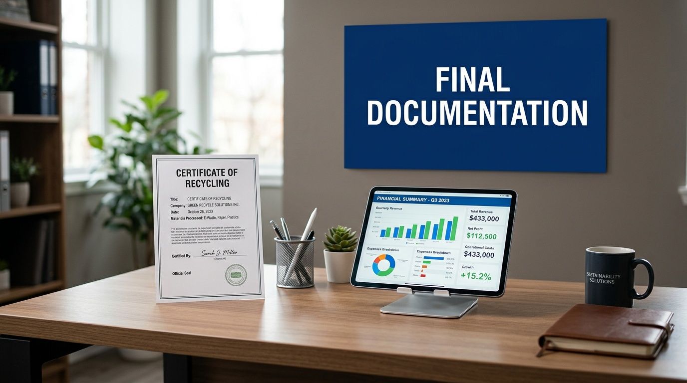 A professional desk workspace featuring a certificate of recycling, a financial tablet report, and sustainability branding.