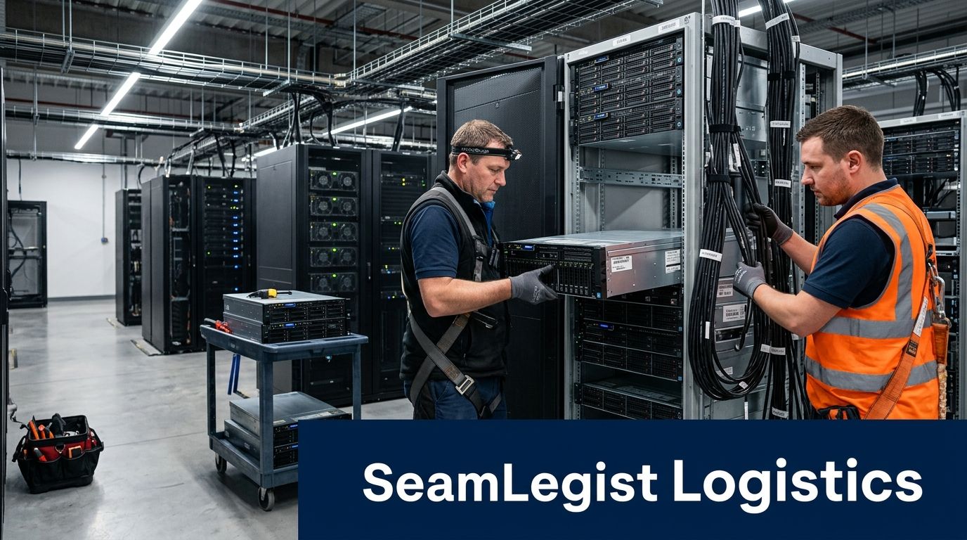 Two technicians in safety gear installing server hardware inside a modern data center facility.