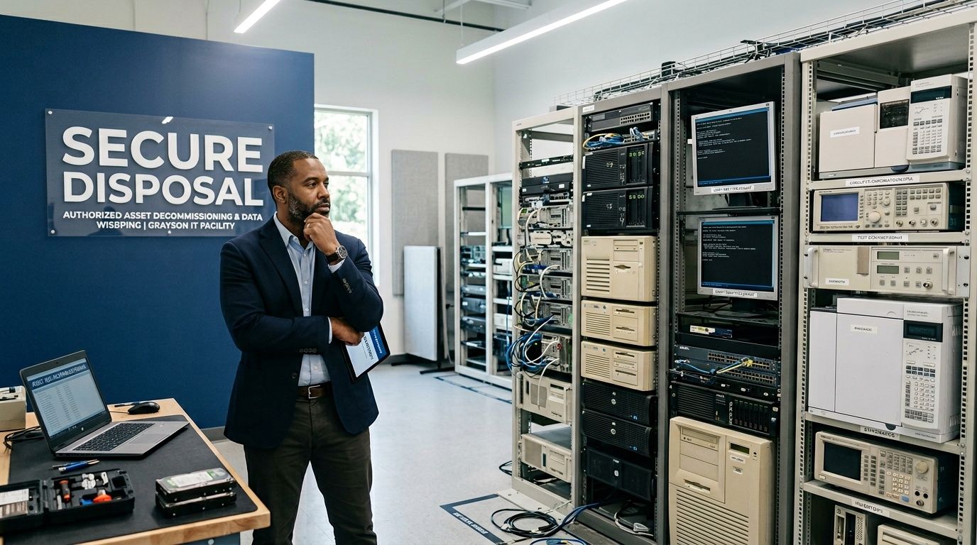 A professional man standing in a secure IT facility surrounded by server racks and computing equipment.