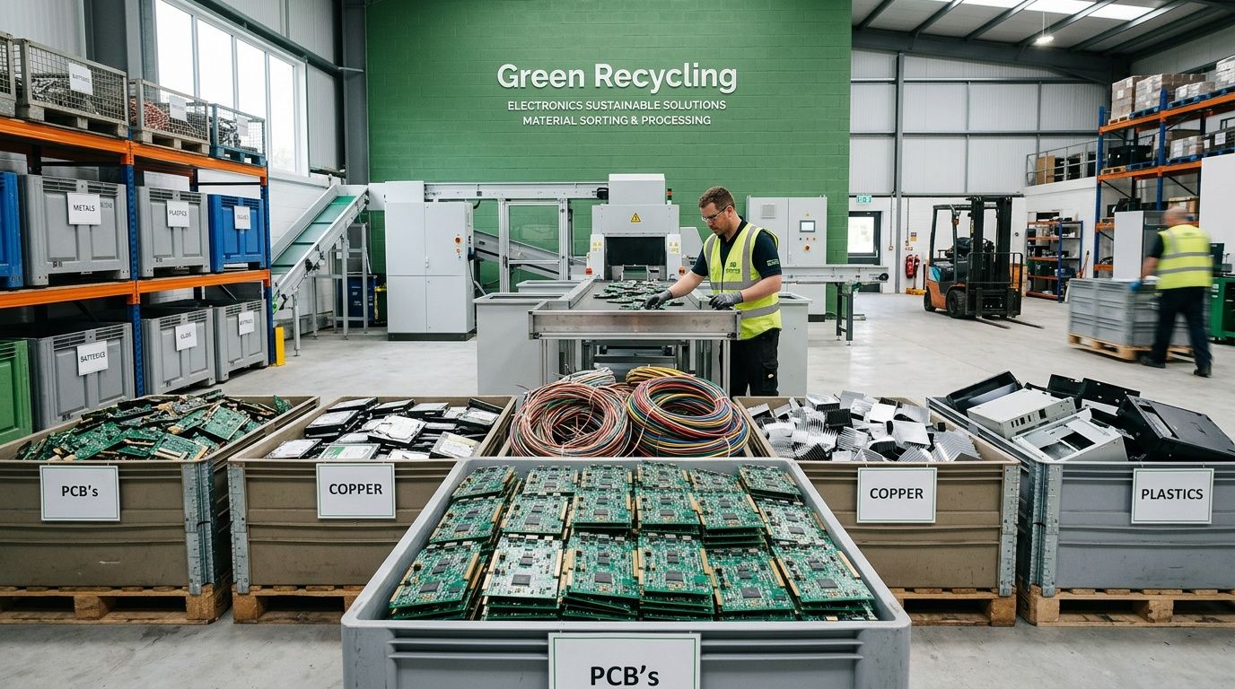 A worker sorting electronic components on a conveyor belt in a professional electronics recycling and processing facility.