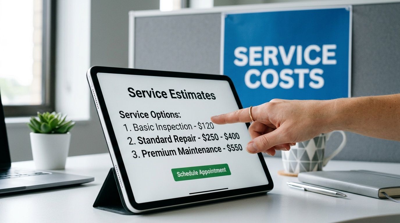 A person pointing to service estimates on a digital tablet screen for repair services in an office.