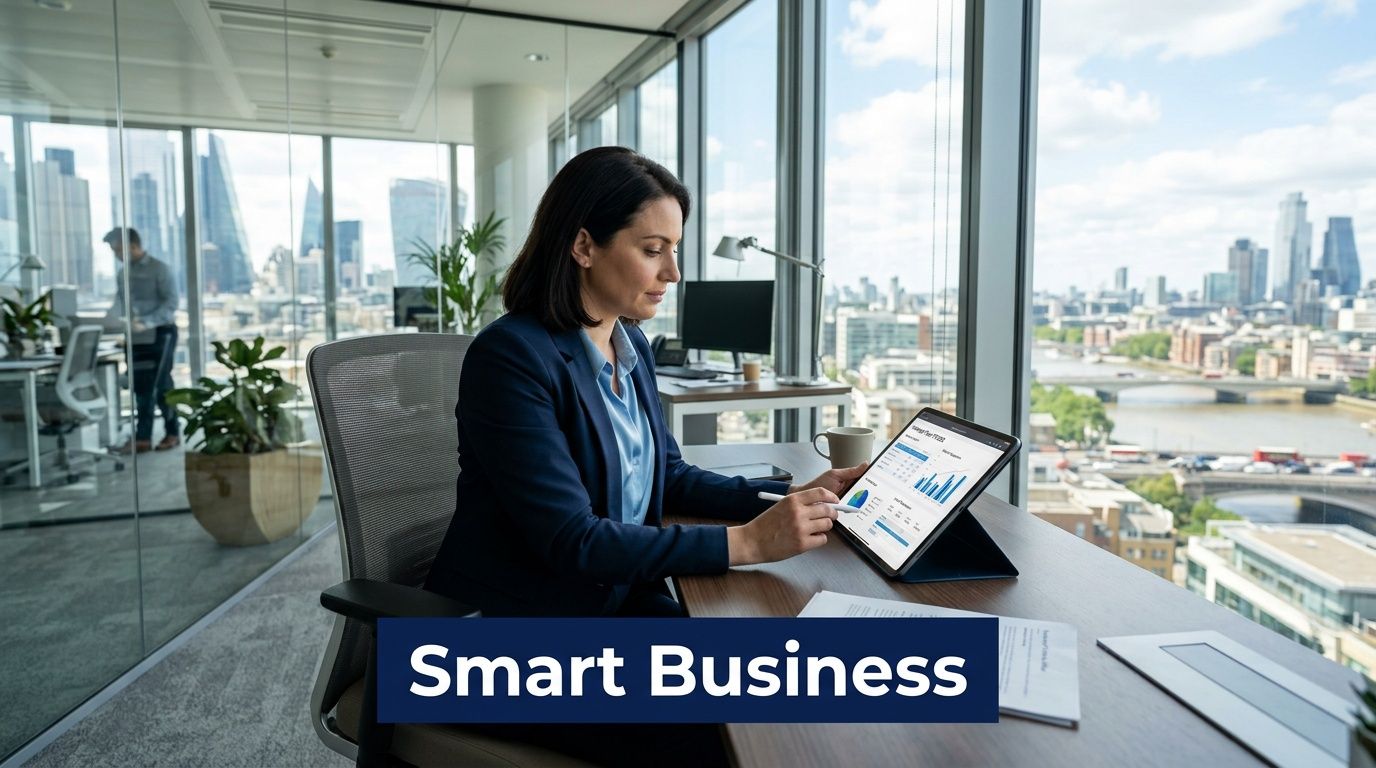 A professional businesswoman analyzing financial data on a tablet in a modern office overlooking the city skyline.