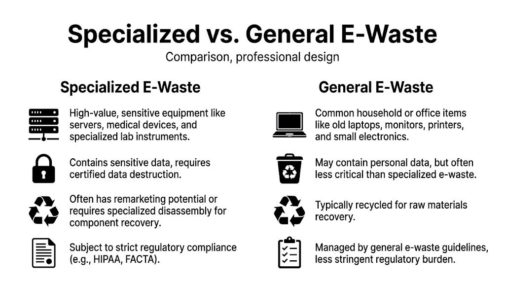 A comparison chart outlining the differences between specialized and general e-waste for electronics recycling services.
