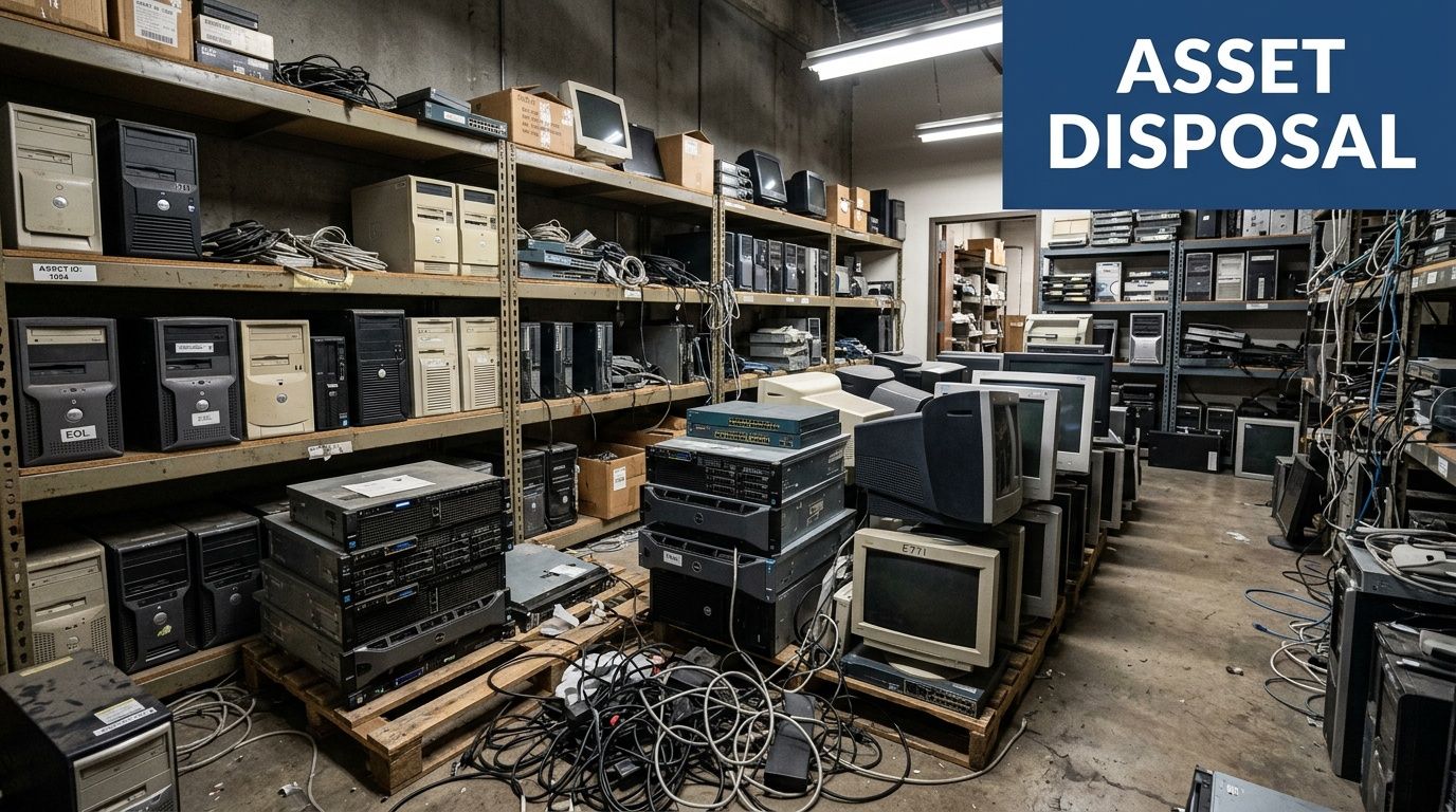 Rows of shelves filled with vintage computer towers, monitors, servers, and tangled cables for electronics recycling.