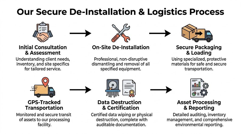 A six-step infographic illustrating a secure process for equipment de-installation, data destruction, and logistics management.