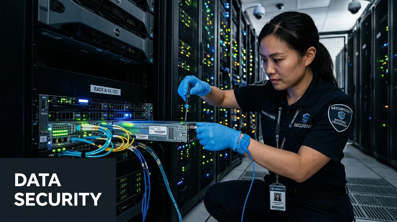 A technician wearing blue gloves services a server in a secure data center environment.