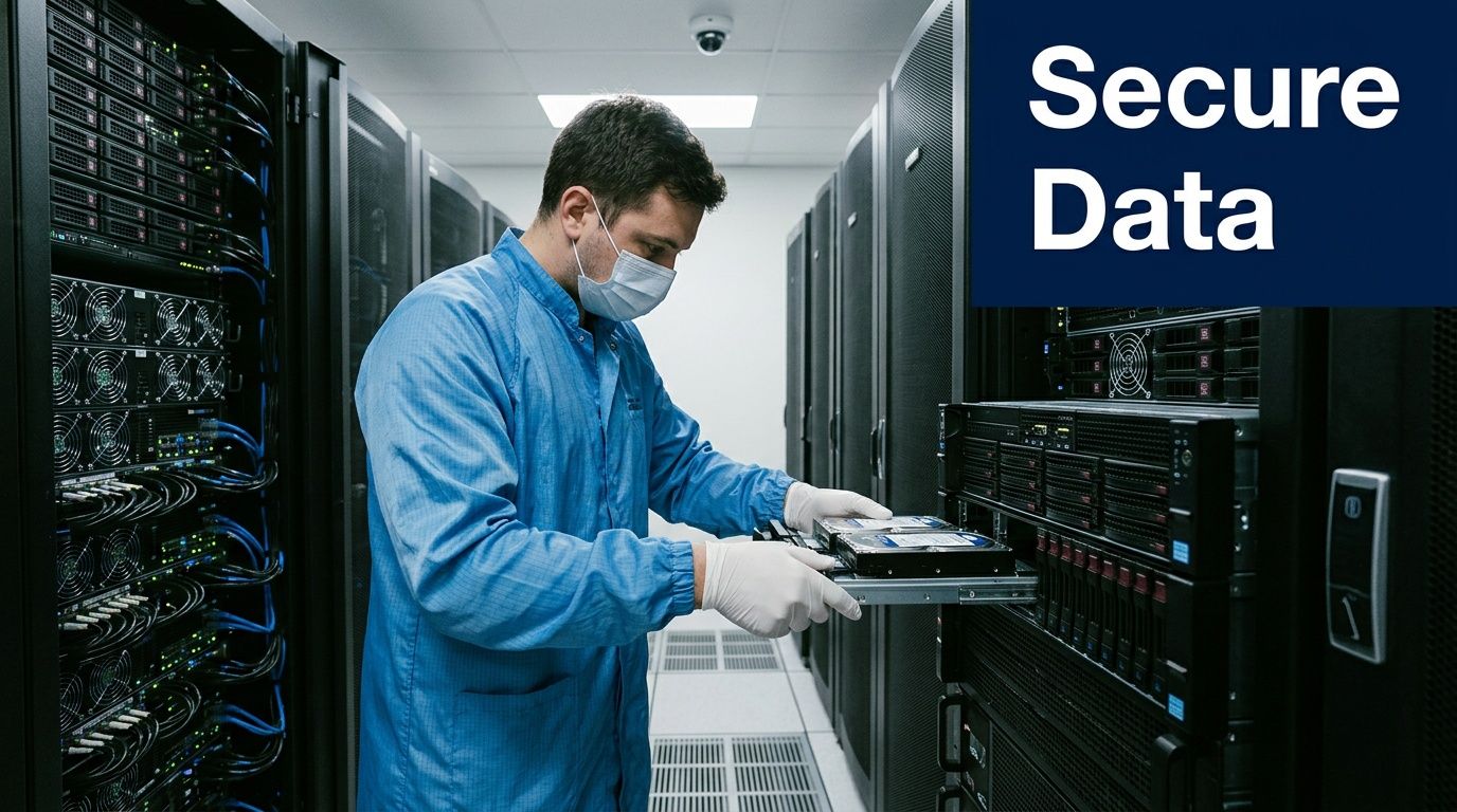 A data center technician wearing a blue lab coat and mask installing a hard drive into a server rack.