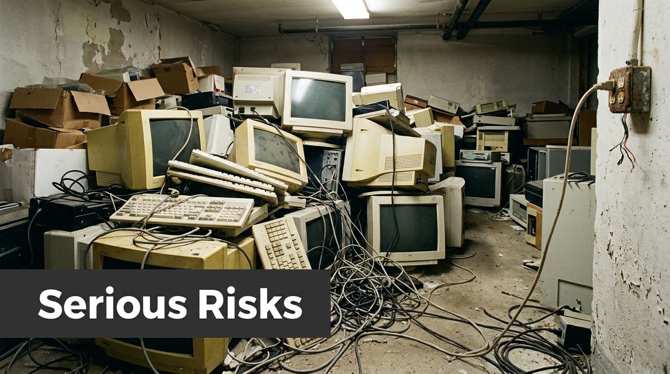 A cluttered basement filled with outdated vintage computer monitors, keyboards, and tangled cables requiring proper e-waste disposal.