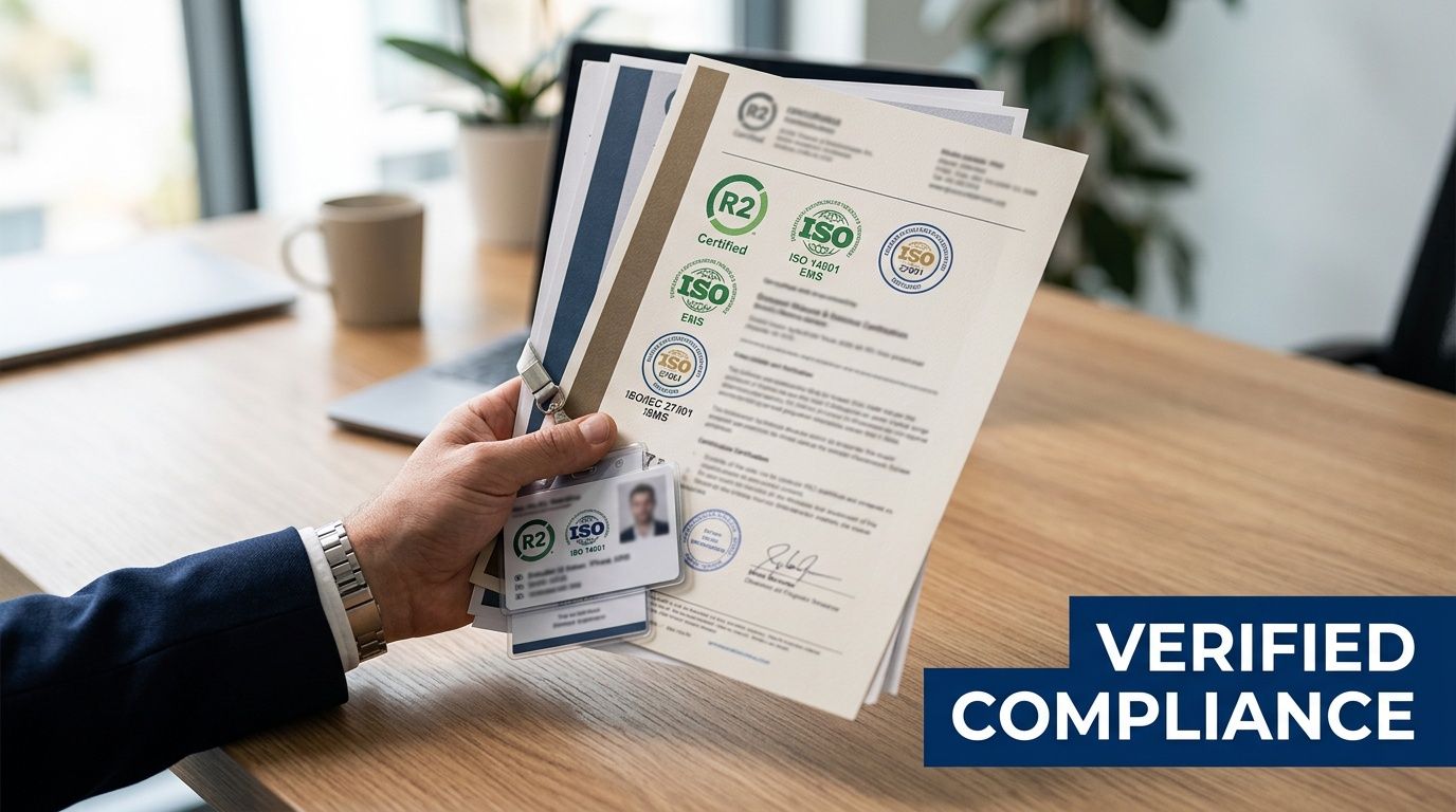 A professional holding a stack of certified electronics recycling compliance documents and an identification badge.