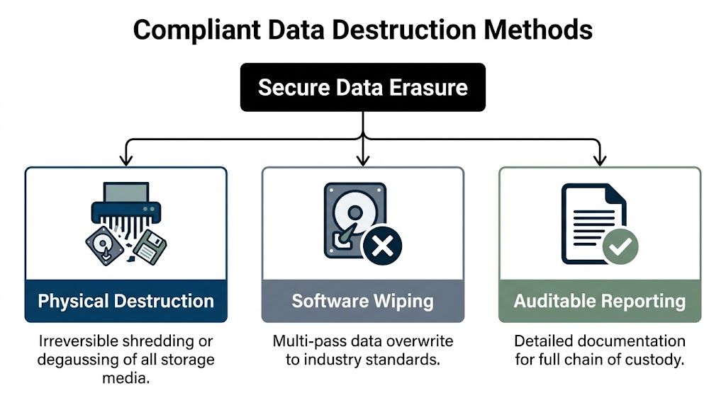 A diagram illustrating compliant data destruction methods including physical destruction, software wiping, and auditable reporting.