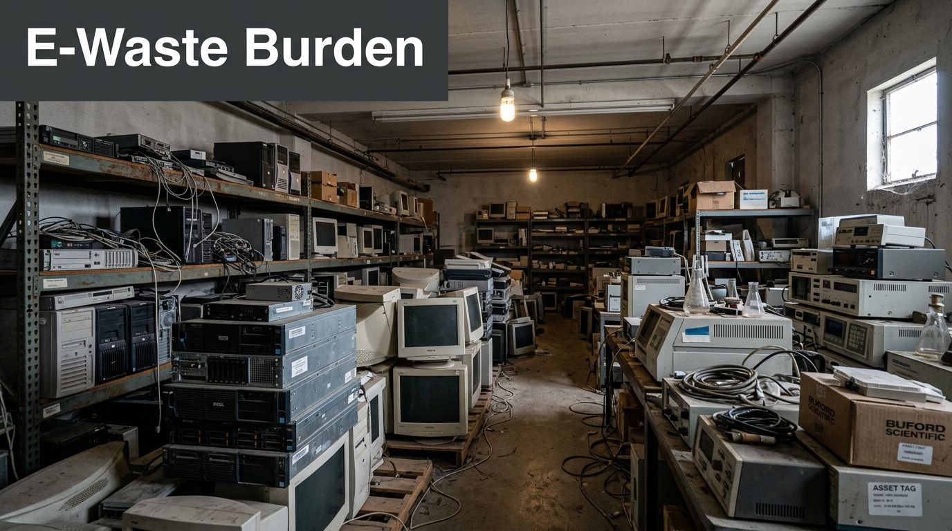 A storage room filled with old computer towers, monitors, and electronic laboratory equipment requiring recycling services.