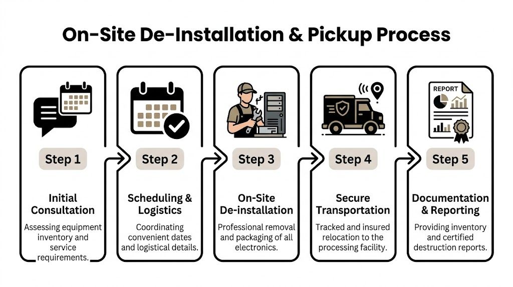 A five-step flowchart illustrating the professional on-site electronics de-installation and secure pickup process for businesses.