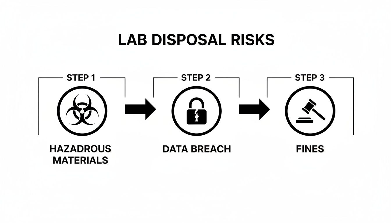 Infographic showing three steps of lab disposal risks: hazardous materials, data breach, then fines.