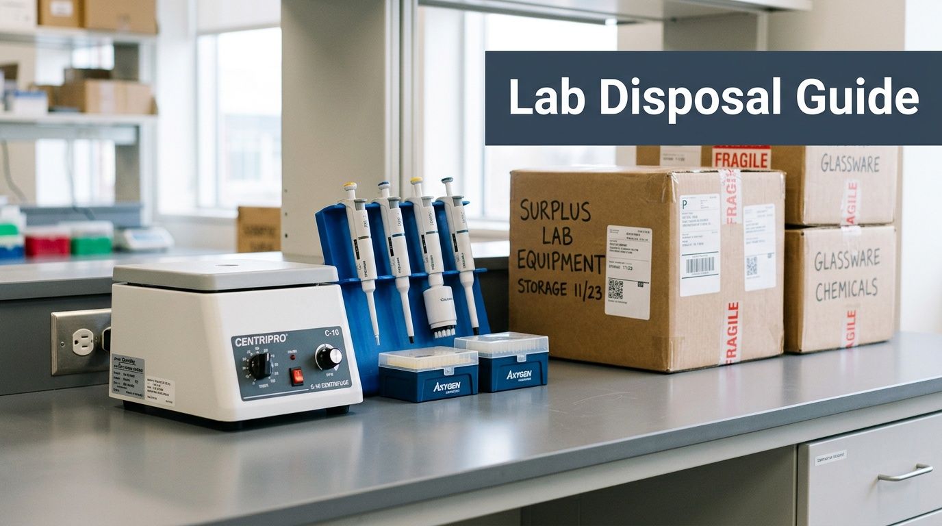 A lab bench with a centrifuge, pipettes, and boxes for surplus equipment and chemical disposal.