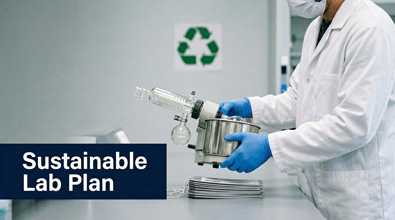 A scientist in blue gloves and a lab coat uses equipment, promoting a sustainable lab plan.