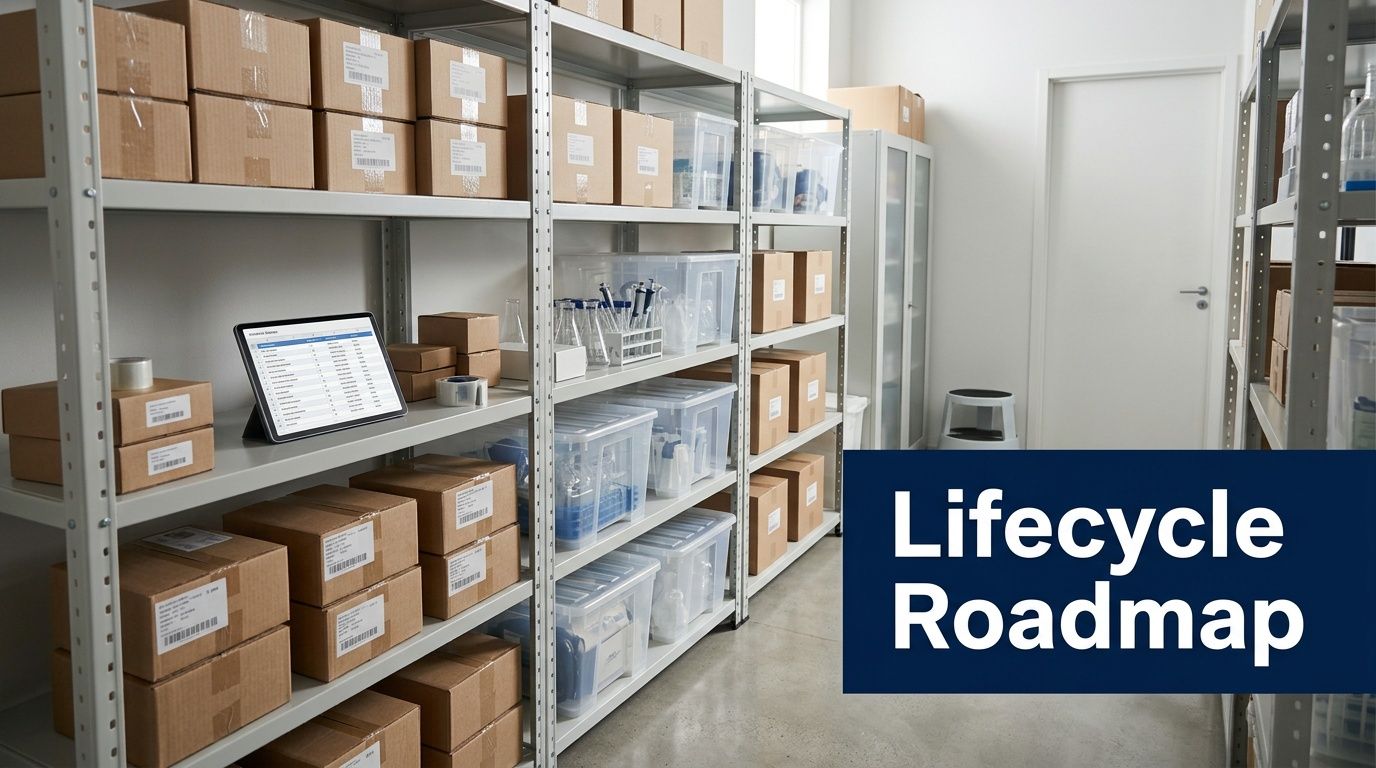 A laboratory storage room with shelves full of boxes, clear containers, a tablet, and lab equipment.