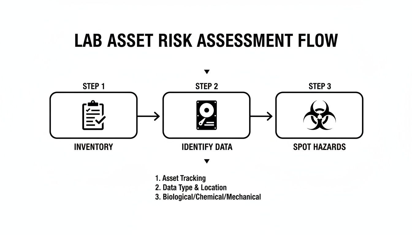 Flowchart illustrating a three-step lab asset risk assessment process: inventory, data identification, and hazard spotting.