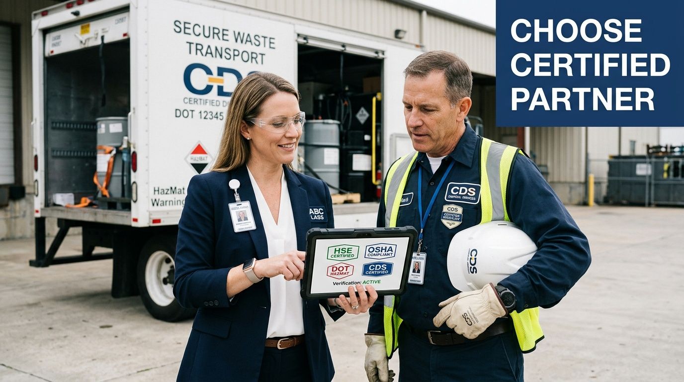Two professionals, a woman and a man, review safety certifications on a tablet by a waste transport truck.