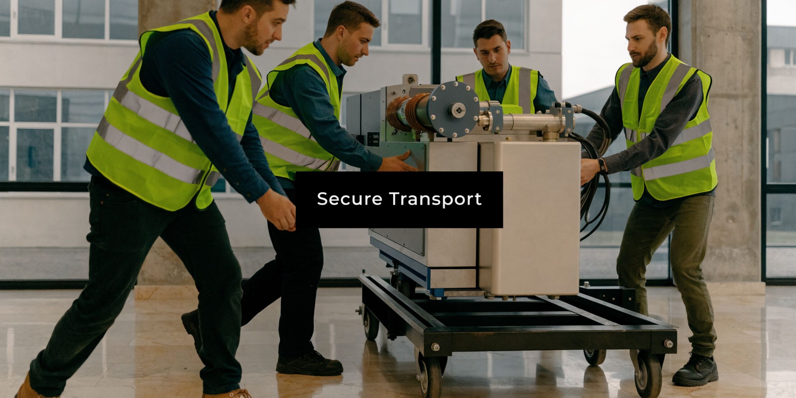 Four workers in high-visibility vests moving heavy industrial laboratory equipment on a wheeled cart in a building.