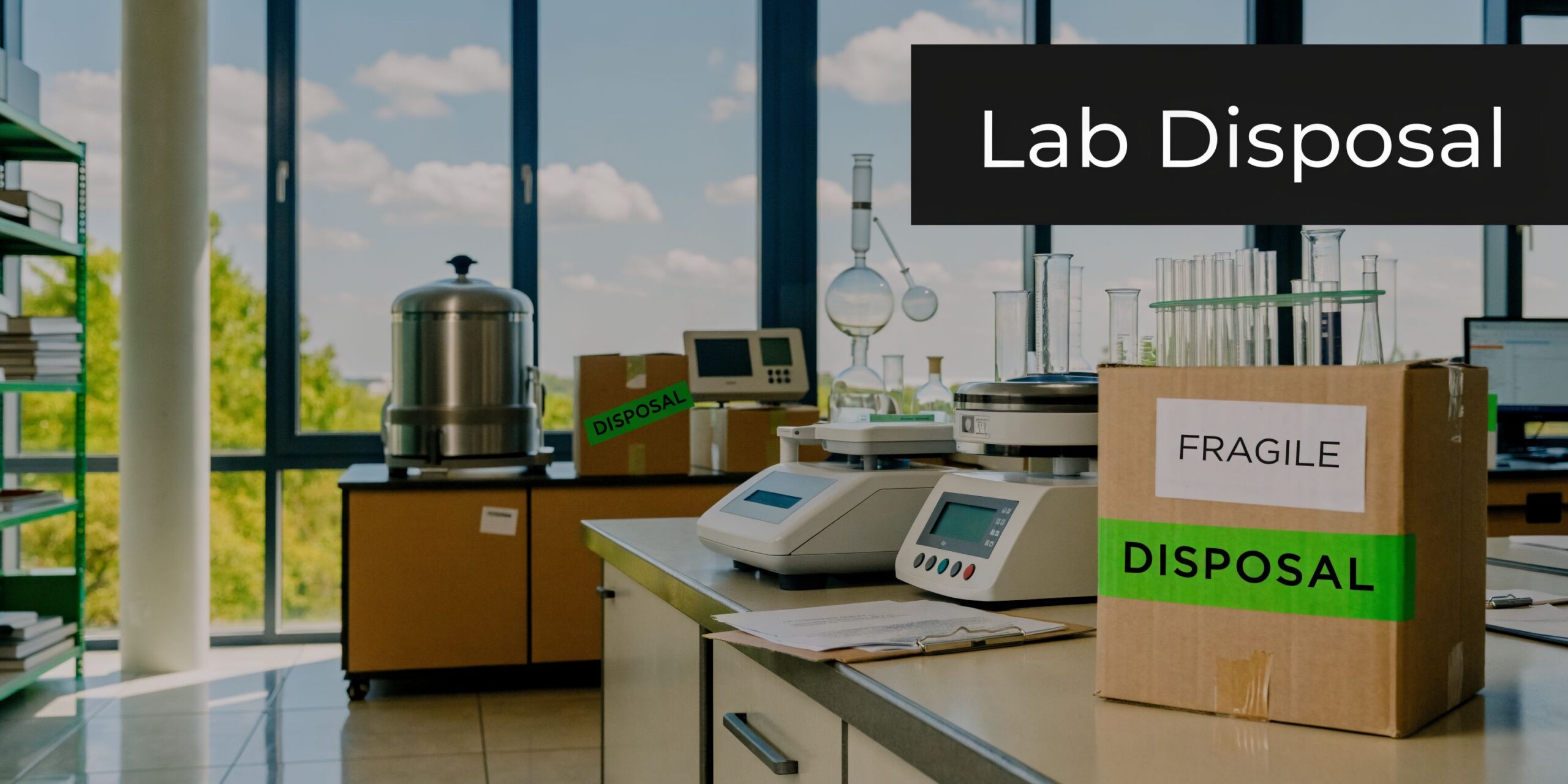 Cardboard boxes labeled for disposal and fragile in a clean, professional laboratory setting with equipment.