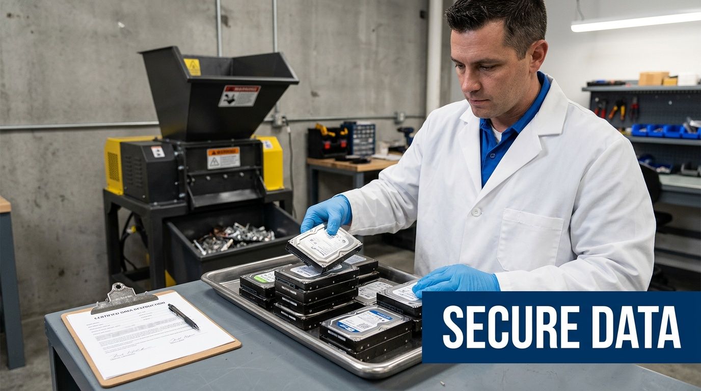 A man in a lab coat and gloves prepares hard drives for secure data destruction in a laboratory.