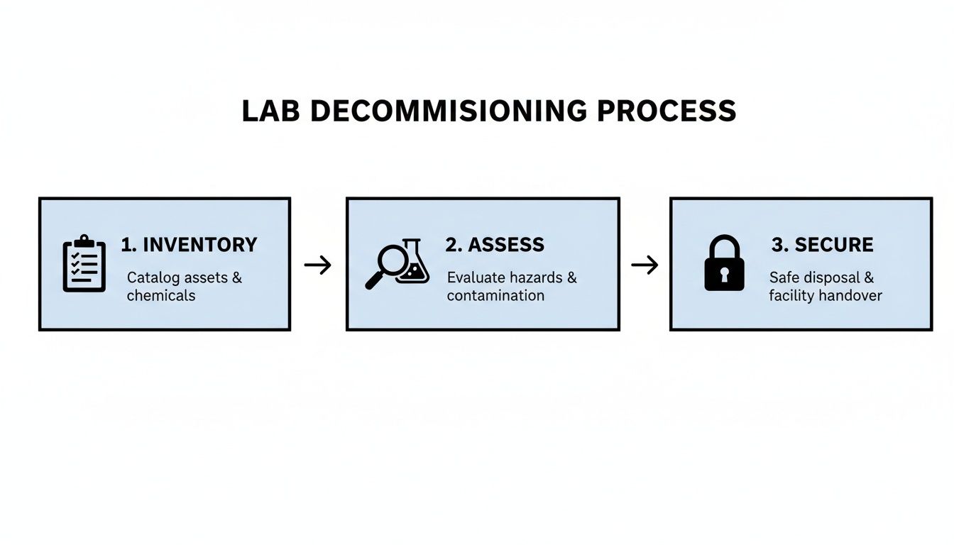 Flowchart showing three steps of a lab decommissioning process: Inventory, Assess, Secure.