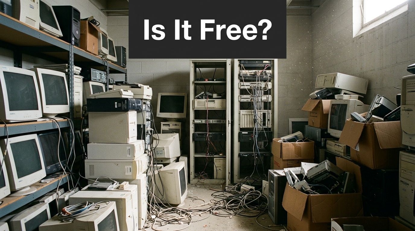 A cluttered room filled with discarded vintage computer monitors, towers, and tangled server cables for recycling.