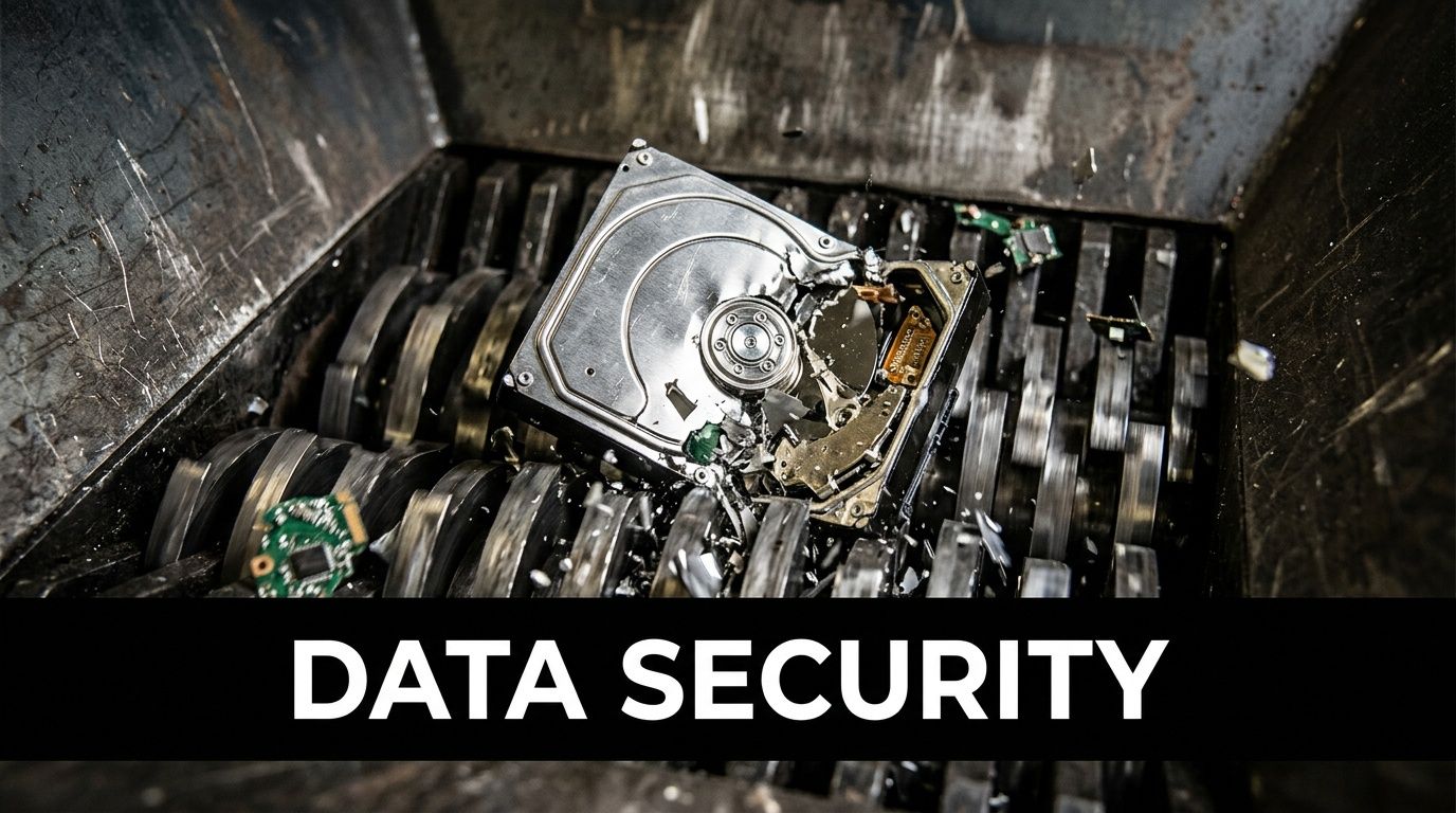A destroyed hard drive being processed in an industrial shredder to ensure permanent data security.
