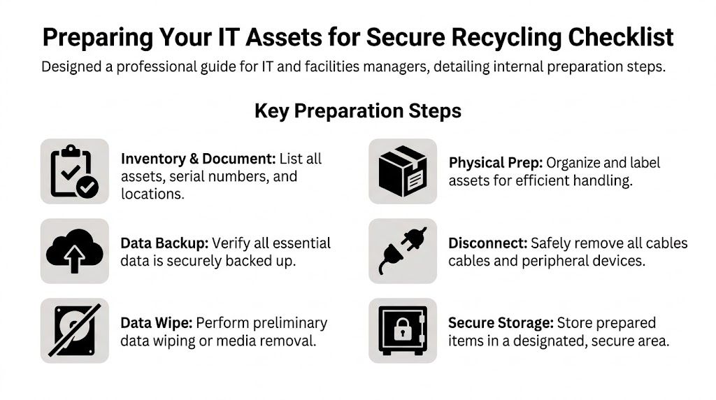 A professional checklist outlining key preparation steps for secure IT asset recycling and data security.