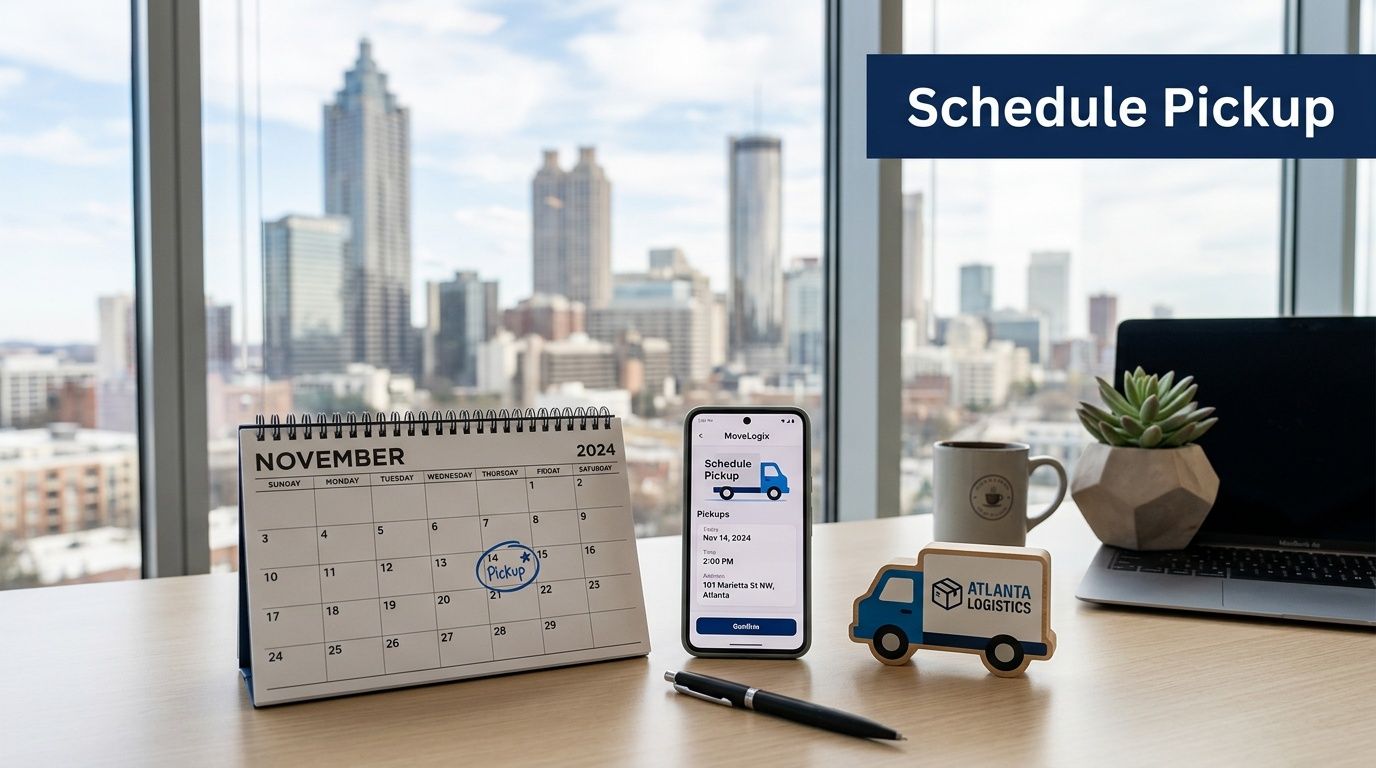 A desk with a calendar showing November 2024 and a phone app interface for scheduling a pickup.