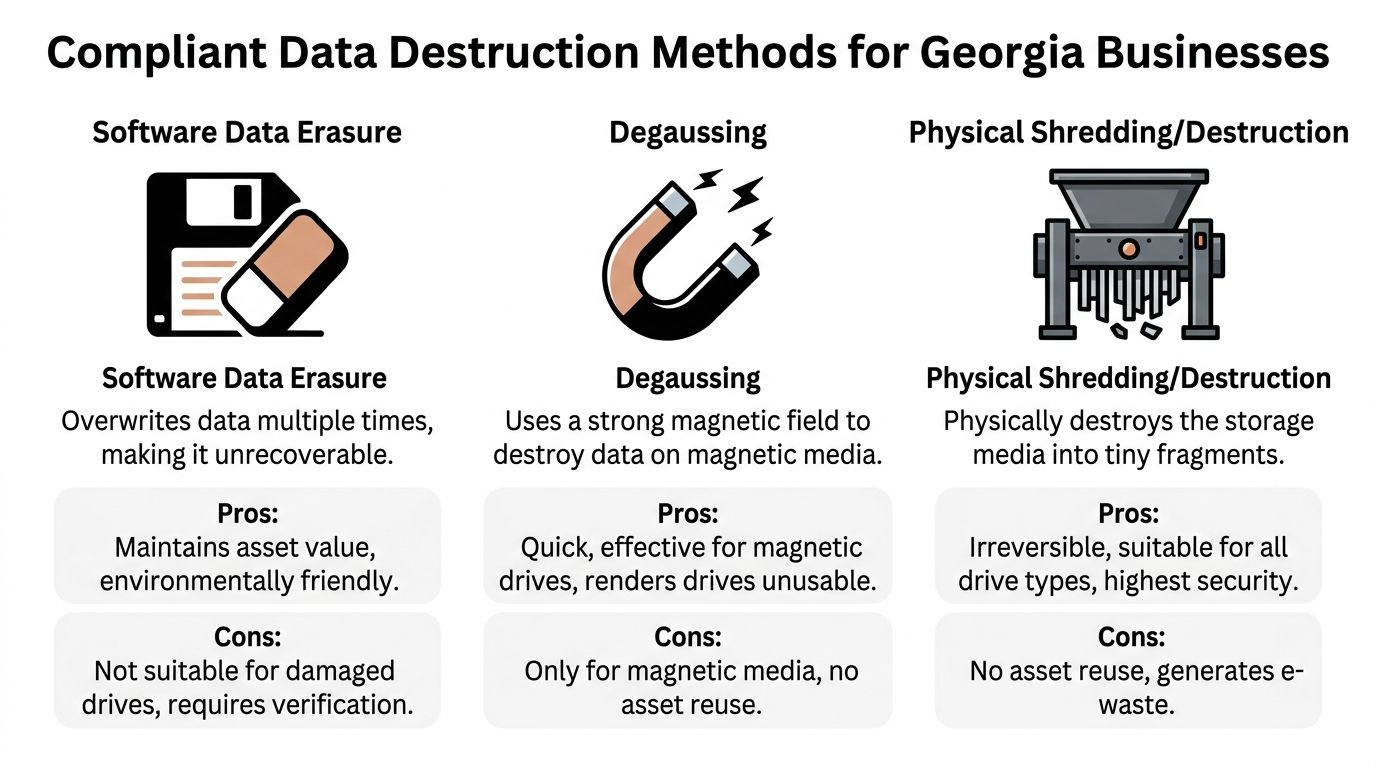 An infographic comparing software data erasure, degaussing, and physical shredding for compliant data destruction in Georgia.