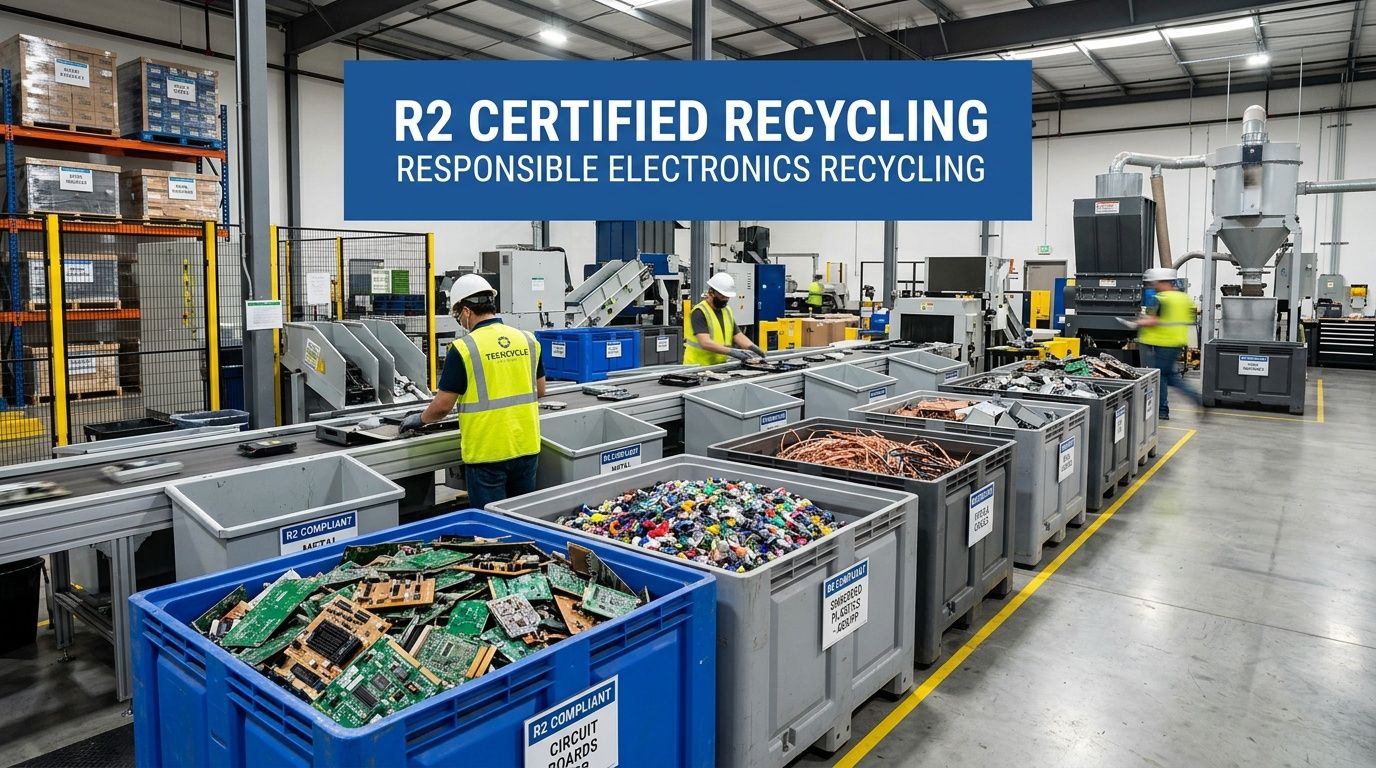 Workers in a factory sorting and processing electronic waste on a conveyer belt for recycling.
