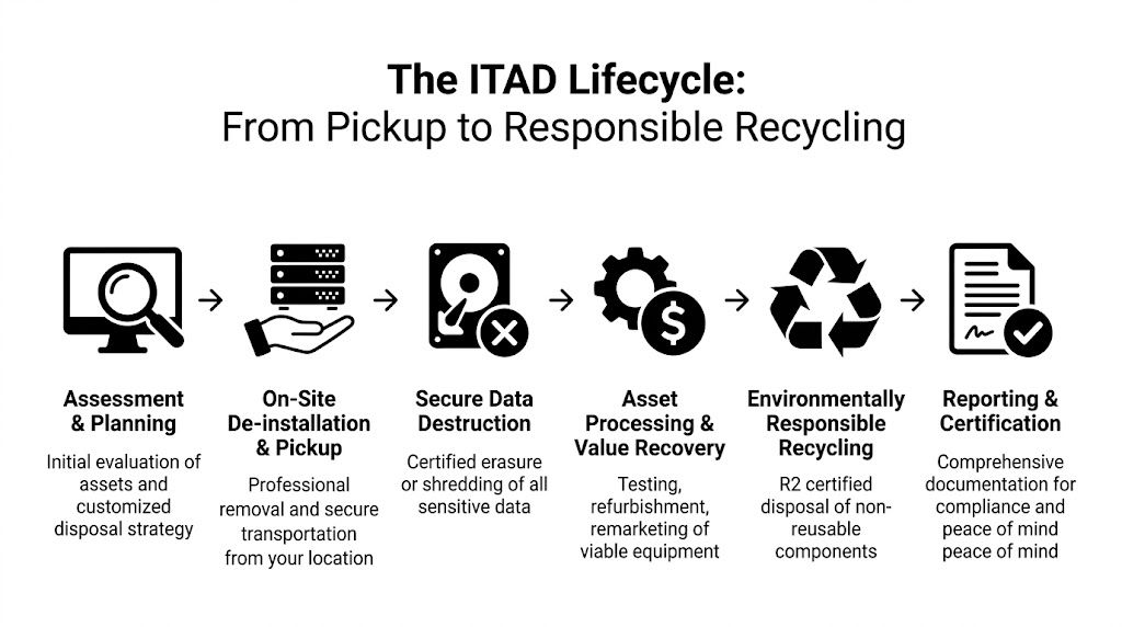 A diagram illustrating the six steps of the IT Asset Disposal lifecycle from assessment to certification.