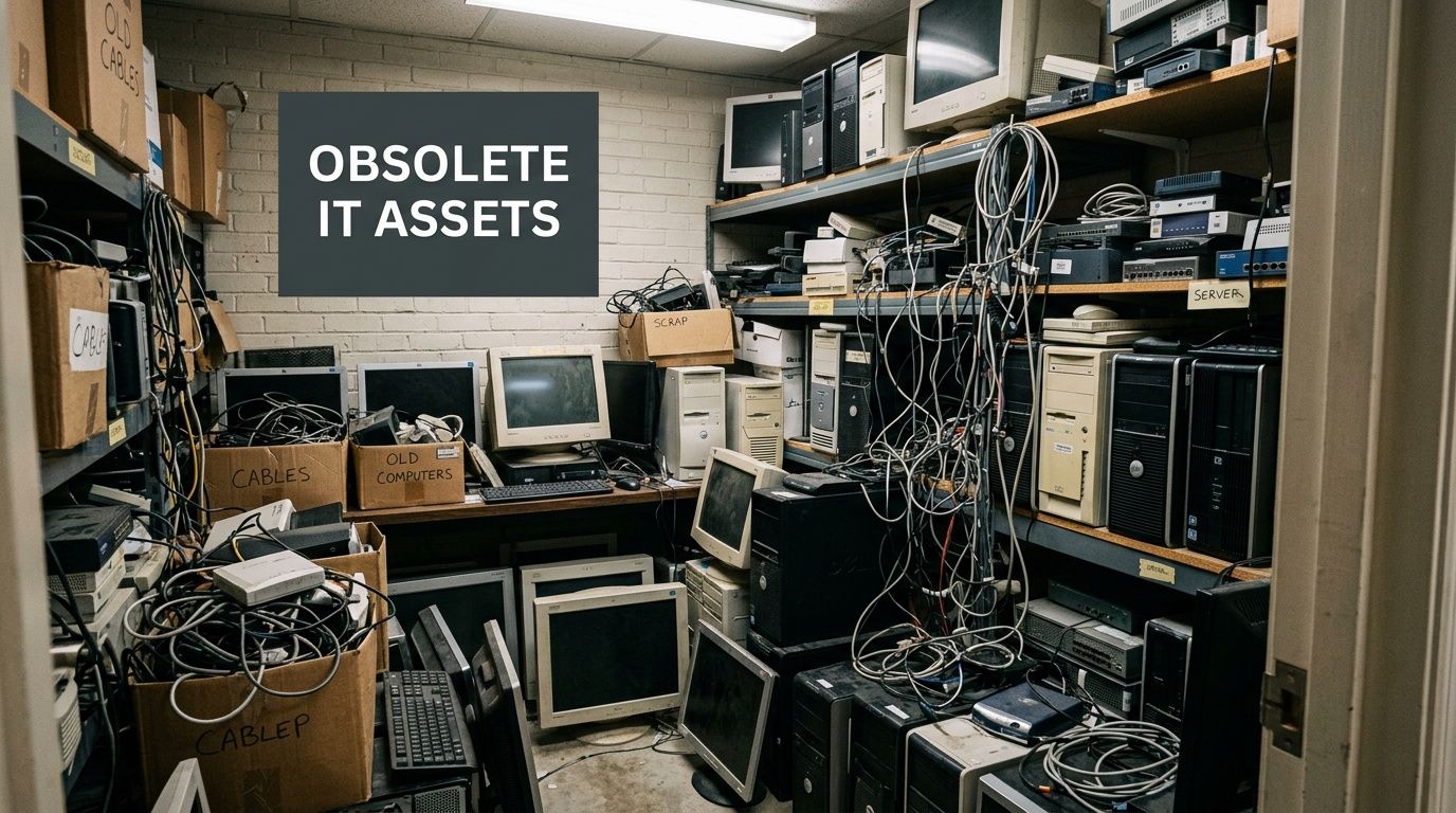 A cluttered storage room filled with obsolete IT assets, including old desktop computers, monitors, and tangled cables.