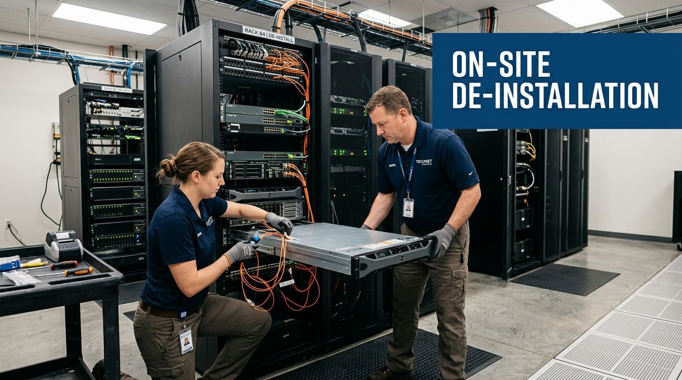 A professional technician team performs secure IT asset de-installation and server removal services in a modern data center.