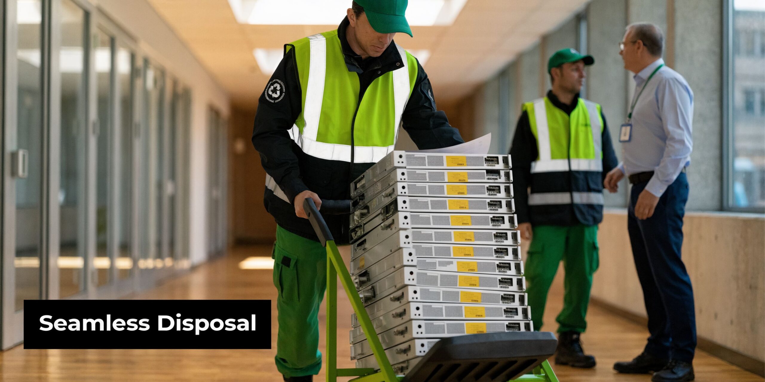 Two technicians in safety gear transporting old computer server hardware on a trolley in an office hallway.